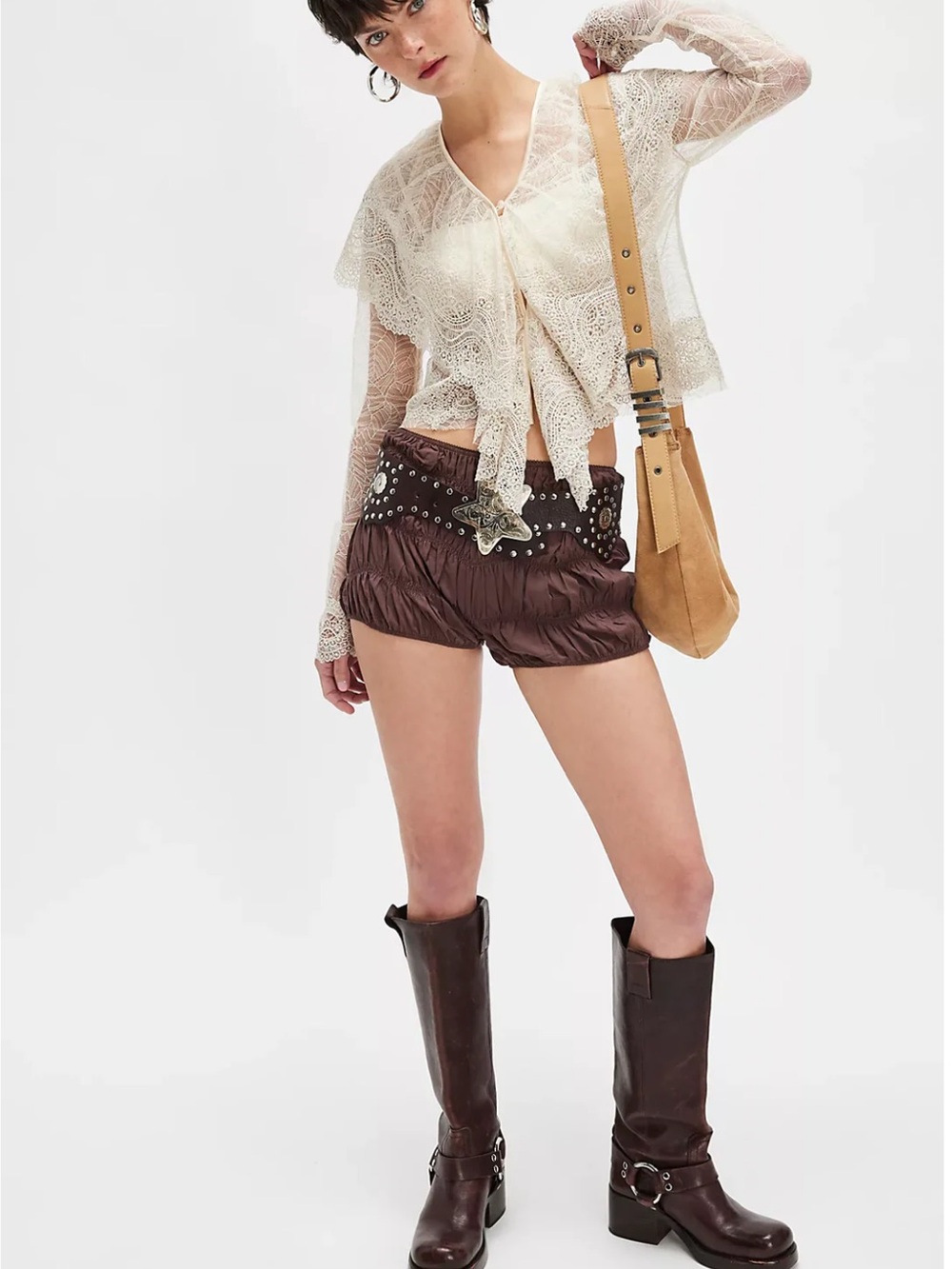 FREE PEOPLE Sweet On Bloomer Shorts French Chocolate High Rise Vintage Style M - Picture 4 of 16